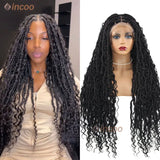 32" Synthetic Full Lace Front Wigs Locs Braided Wig With Curly Hair Pre Pluck Box Twisted Braided Wigs Goddess Boho African Wigs