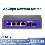 2.5Gbps Ethernet Switch 4 Port 2500Mbps Network Switcher 2 Port 10G SFP+ Slot Home Lab Hub Internet Splitter Plug and Play