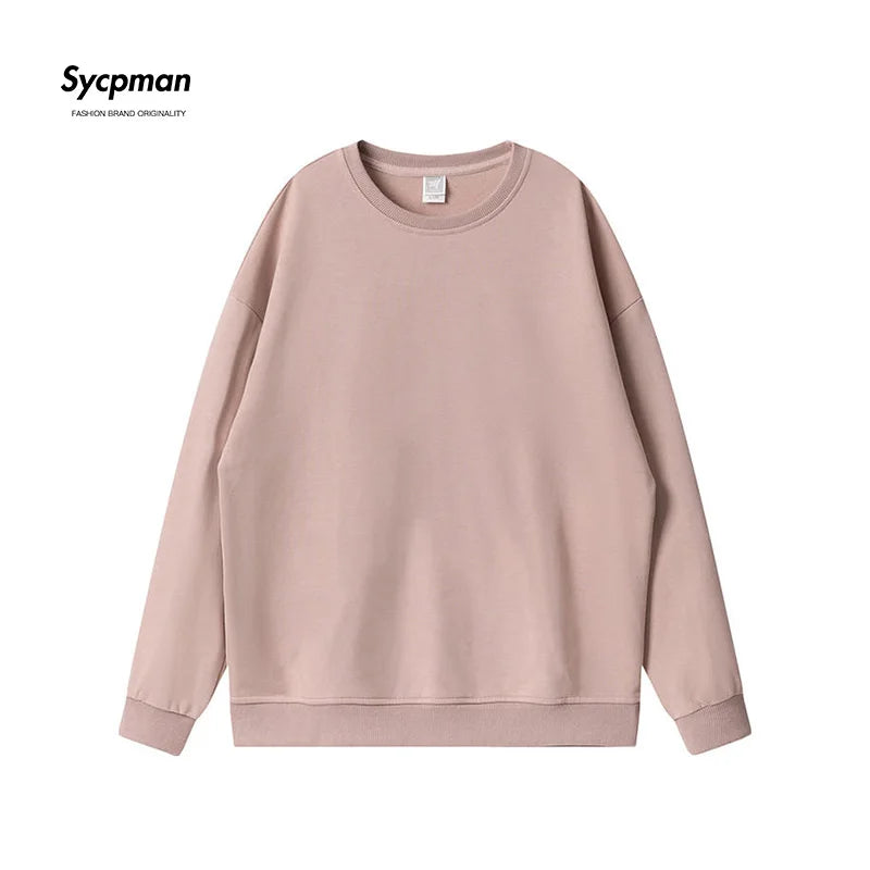 10.6oz 300gsm Cotton Pullover Sweater Men Solid Color Long Sleeve Round Neck Hoodless T-shirt Spring Autumn Coat Women