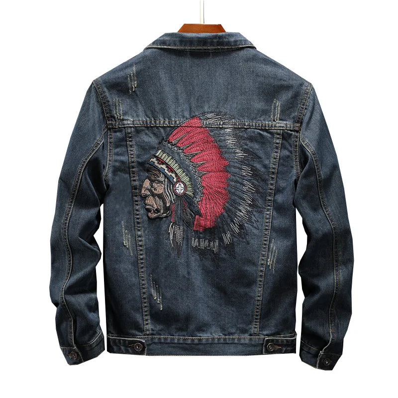 Prowow Fashion Streetwear Men Jacket Retro Blue Indian Chief Embroidery Denim Jackets Men Size M-6XL Hip Hop Punk Coats