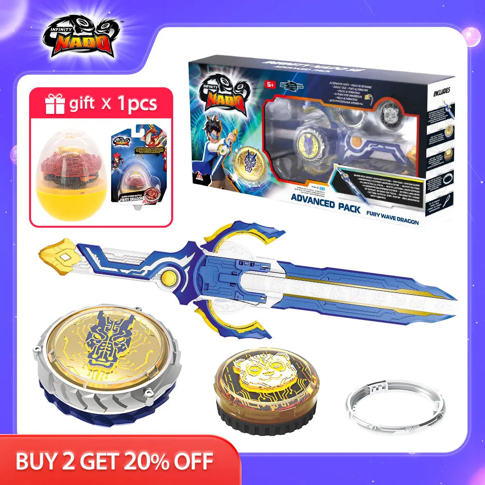 Infinity Nado 6 Advanced Pack-Fury Wave Dragon Metal Ring & Tip Spinning Top Gyro with Monster Icon Sword Launcher Anime Kid Toy