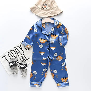 Toddler Girls Silk Satin Pajamas Sets Cartoon Kids Boys Pyjamas Baby Sleepwear Suit Girl Casual Home Wear Clothes Boy Loungewear