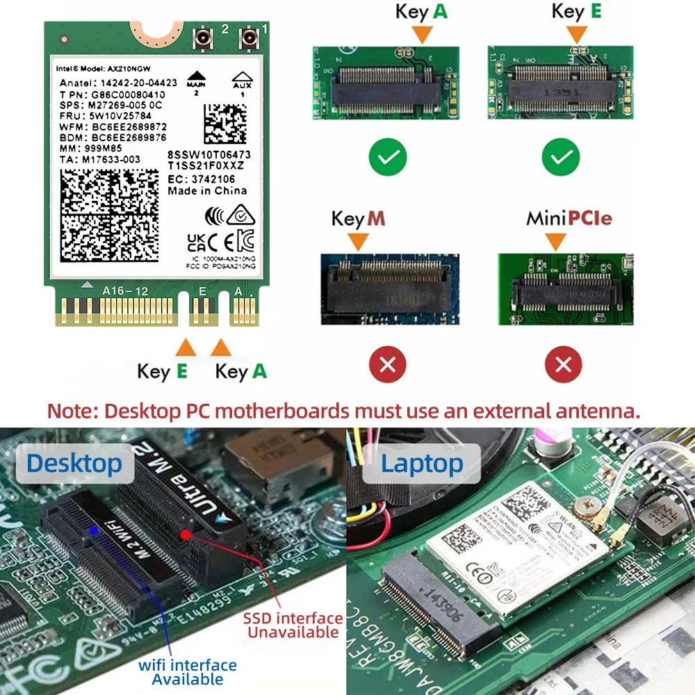 Wi-Fi 6E intel AX210 Wireless Network Cards 5374Mbps 6Ghz Bluetooth 5.3 AX210NGW/10dBi Antenna Desktop Kit for PC M.2 WiFi Card