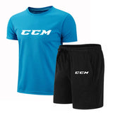 Summer Men's Fitness Fashion Men's Casual Sportswear Suit Quick Drying Sports Suit CCM Short Sleeve T-Shirt + Shorts 2 Piece Set