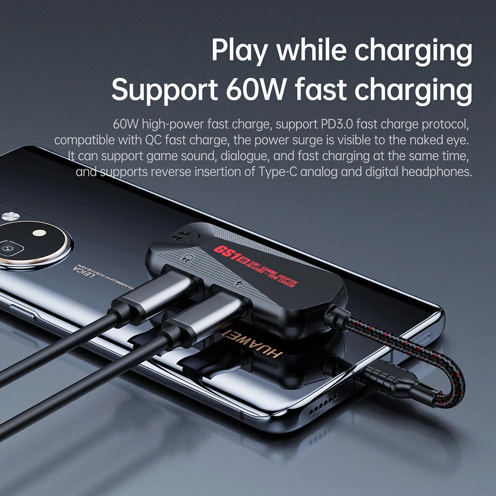 GS1 3-in-1 Hi-Res Phone Gaming Sound Card Type C PD QC 60W Fast Charge Adapter USB Type-C to 3.5mm Headphone Jack Adapter