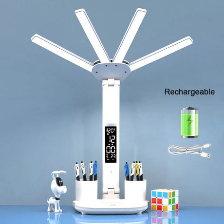 Rechargeable Table Lamp for Study, Desk Lamp Reading Light Led Table Light with Fan, Led Clock Dispaly Reading Lamp