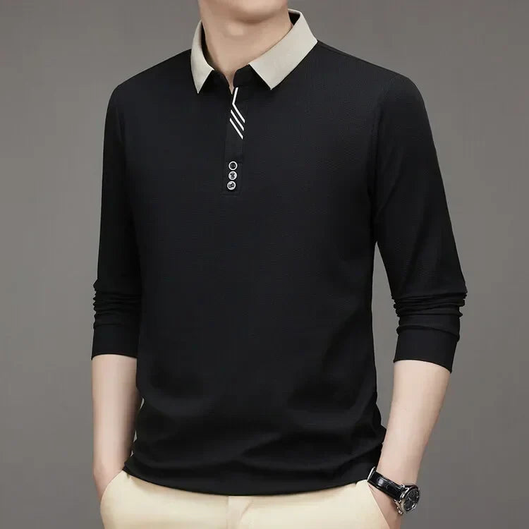 Men's Long Sleeve Turn-down Collar Waffle T-shirt Business Casual Contrast Line Polo Shirt