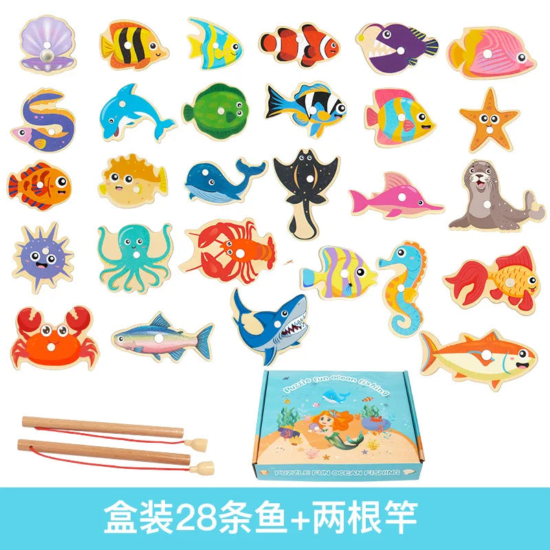 Wooden Magnetic Fishing Toys for Baby Cartoon Marine Life Cognition Fish Games Education Parent-Child Interactive