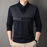 Spring and Autumn Men's Pullover Polo Collar Stripe Contrast Button Solid Fake Two Piece Long Sleeve T-shirt Polo Bottom Tops