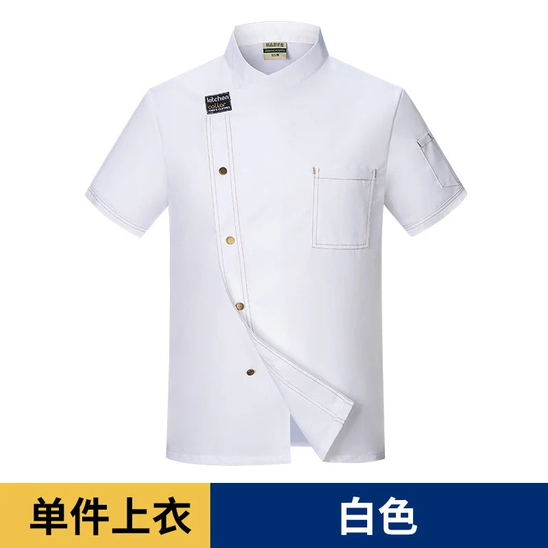 Men Grey Chef Coat Logo short Sleeve Chef Jacket Apron for Summer Head Chef Uniform Restaurant Hotel Kitchen Cooking Clothes