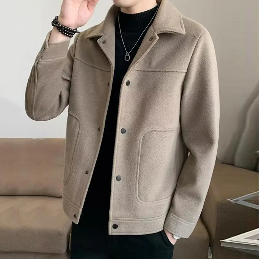 2023 Fashion Men Jacket Single-Breasted Solid Color Short Woolen Coat Winter Casual Warm Windbreaker Coat Men Cardigan Outerwear