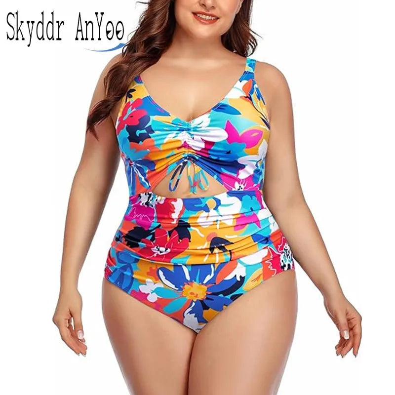 One Piece Floral Printed Women Plus Size Swimsuits Cutout Tummy Control Sexy Swimwear 2024 Summer Female Monokini Bathing Suit