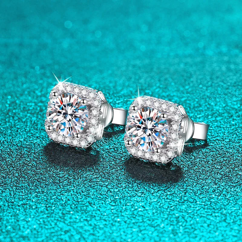 Smyoue White Gold 1CT Moissanite Stud Earrings for Women Round Cut S925 Silver Luxury Square Jewelry Lab Diamond Earring Gift