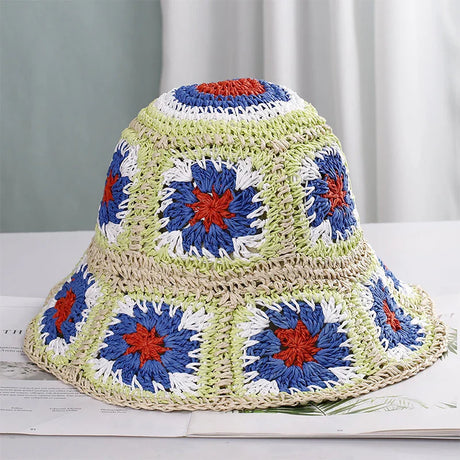 Colorful Crochet Straw Bucket Hat Handmade Knitted Flowers Beach Fisherman Hat for Women Sunshade Cap Vintage Accessories