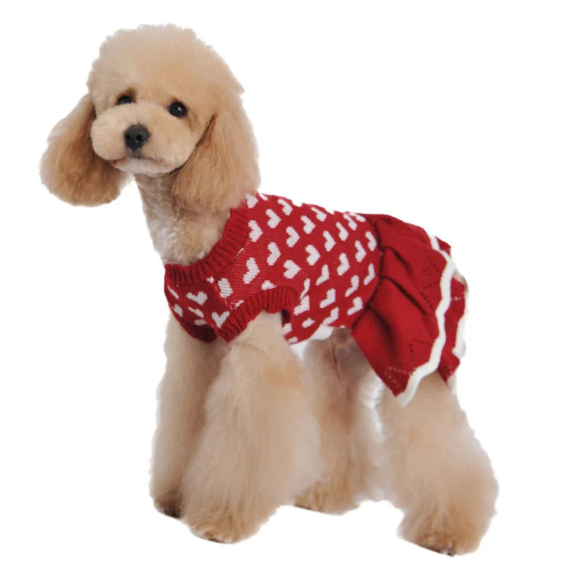 Pet Sweater Love Heart Red Skirt Round-neck Slim Pet Clothes Warm Knit Clothes for Dog Cat Holiday Clothes for Cat Dogs Apparels