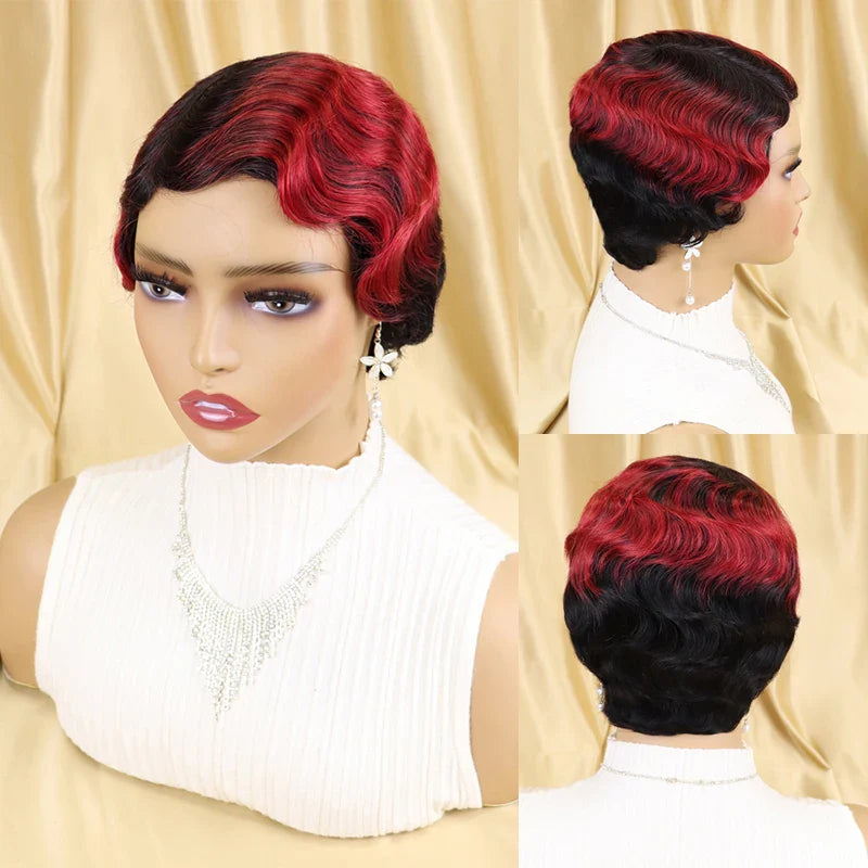 Short Finger Wave Wig Brazilian Human Hair Wig for Black Women Brown Blonde Short Ocean Wave Wig Peruca Burgundy Pixie Cut Wigs