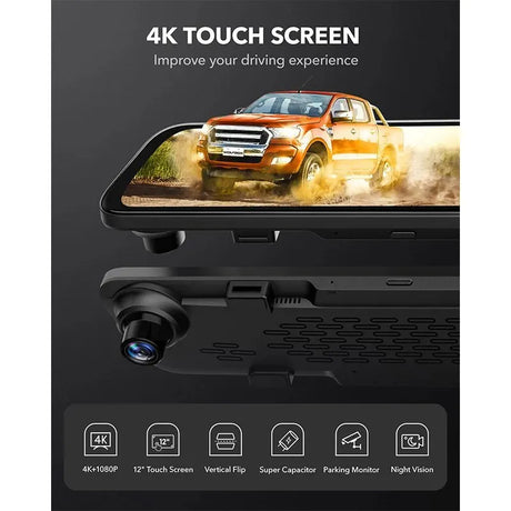 WOLFBOX G840S 12"IPS Dash Camera 4K Rearview Dash Cam GPS Video Recorder Night Vision HD Dual Cameras Car Dvr Parking Monitor