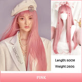 AS  Cosplay Wig With Bangs Synthetic Straight Hair 24 Inch Long Heat-Resistant Pink Wig For Women