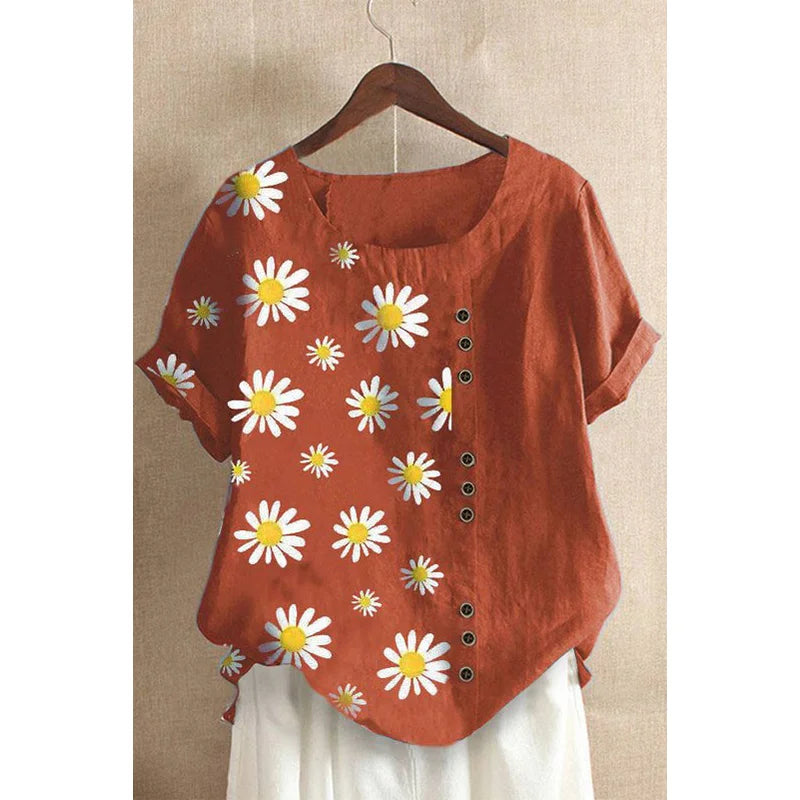 Plus Size Daisy-Print Cotton Linen Shirt Casual Summer Women O-Neck Short Sleeve Pullover Top Fashion Street Flower Blouse