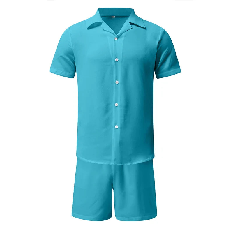 Hawaiian Men's Summer Polo Collar Cotton Linen Two Piece Set Solid Short Sleeve Shirt + Shorts Fashion Suit