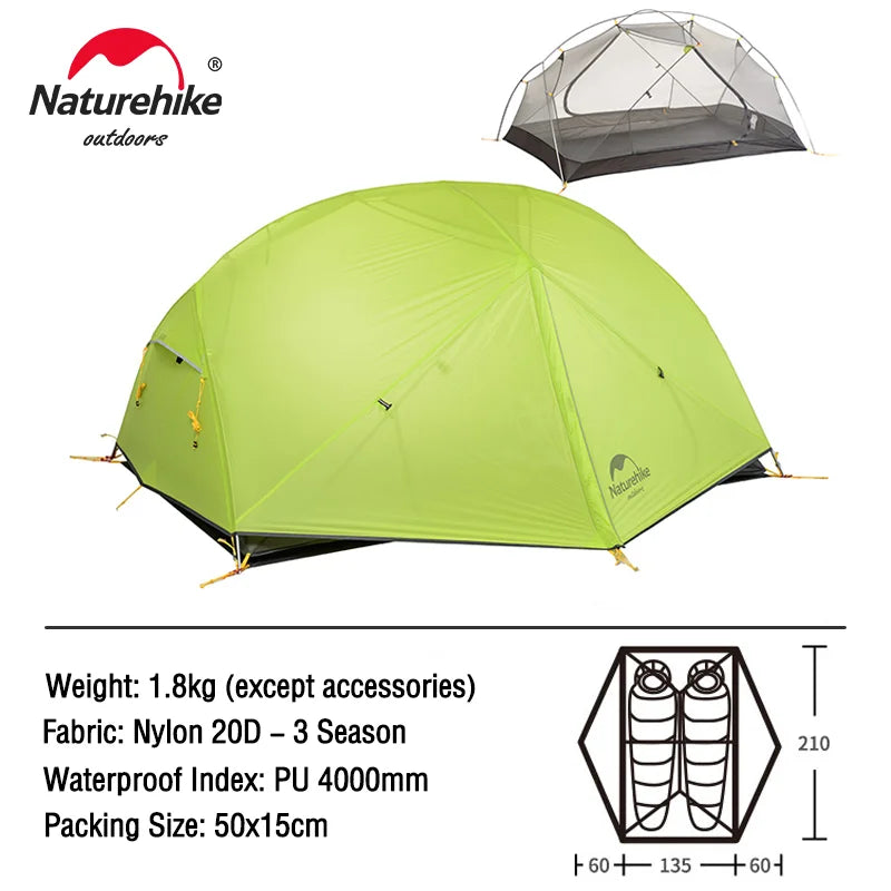 Naturehike Mongar Tent 2 Person Ultralight Travel Tent Double Layer Waterproof Tent Backpacking Tent Outdoor Hiking Camping Tent