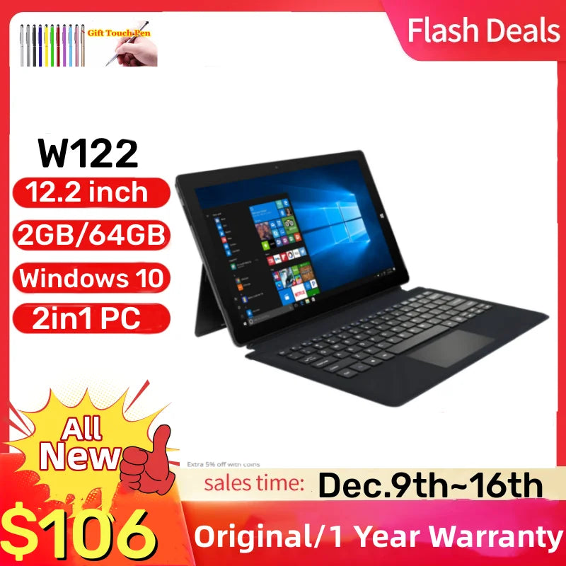 12.2'' 64 Bit 2in1 Windows 10 Tablet W122 with Detachable Keyboard 2GB DDR+64GB ROM N4000 CPU HDMI-Compatible Camera USB 3.0