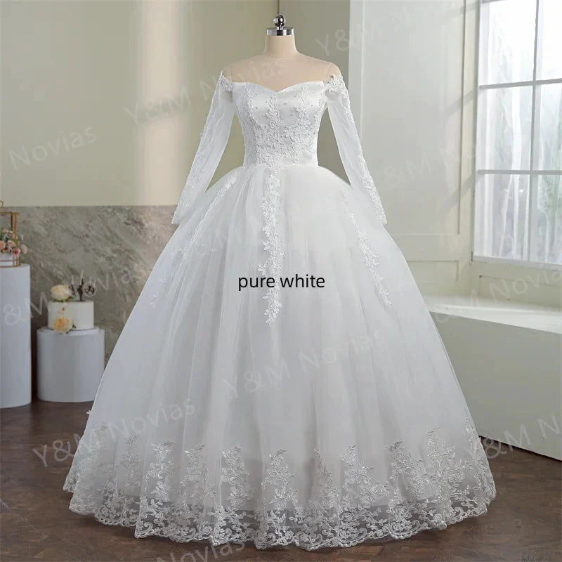 Y&M Novias Off Shoulder Plus Size Vestido De Noiva 2024 Wedding Dress Long Train or Floor Appliqes Pearls Bridal Tulle Mariage