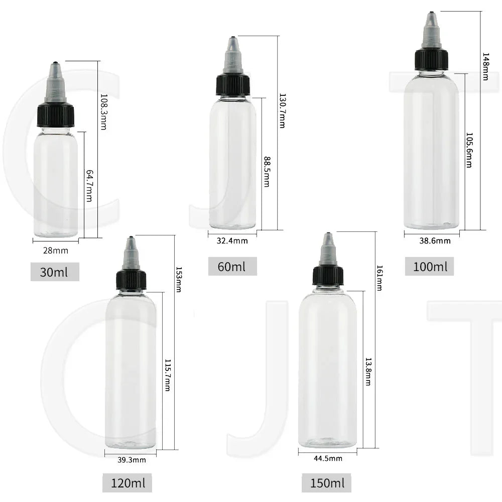 30Pcs 30ml 60ml 100ml 120ml 150ml Plastic Empty Ink Vial Twist Top Black Cap Transparent Clear Bottle Tattooing Accessories