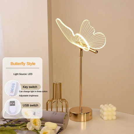 Table Lamp Retro Gold Acrylic Butterfly LED Desk Lamp Hotel Villa Art Decor LED Table Light Living Room Bedside LED Night Lights