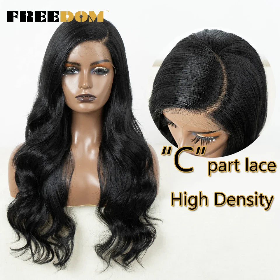 FREEDOM Synthetic Lace Front Wigs for Women C Part Wig Ombre Brown Rose Red Color Body Wave Lace Wigs Highlight Cosplay Wig