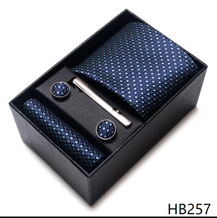 Luxurious Dropshipping 8 cm Birthday Gift Silk Tie Hanky Pocket Squares Cufflink Set Tie Clip Necktie Box Geometric