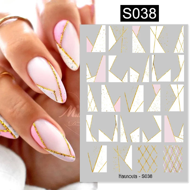 3D Silver Frame Nail Sticker Silver Bronzing Stripe Lines Sliders For Nails Tribal Pattern Decals Marble Blooming Nail Tattoos