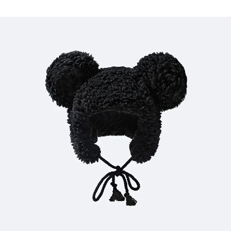New Big-ear Bear Cashmere Bomber Hats Women Fluffy Hat with Ears Autumn Winter Cute Pullover Earmuffs Warm Cap Bandage
