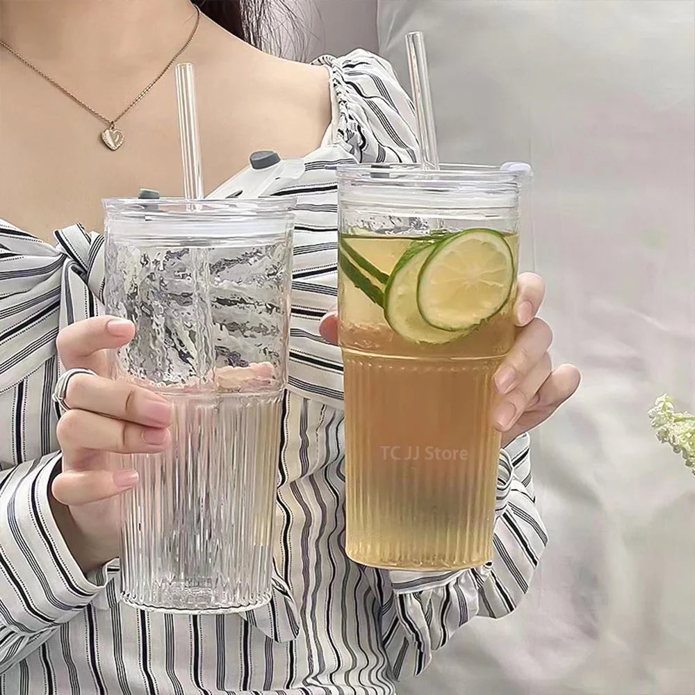 600ml Stripe Glass Cup Transparent Glasses With Lid and Straw Drinking Glasses Coffee Mug Juice Milk Tea Water Cups Drinkware