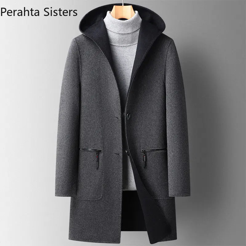 Luxury Top Quality Double-sided Wool Trench Coat For Men Autumn Winter Fashion Mid-length Hooded Woolen Long Coat Man Clothing