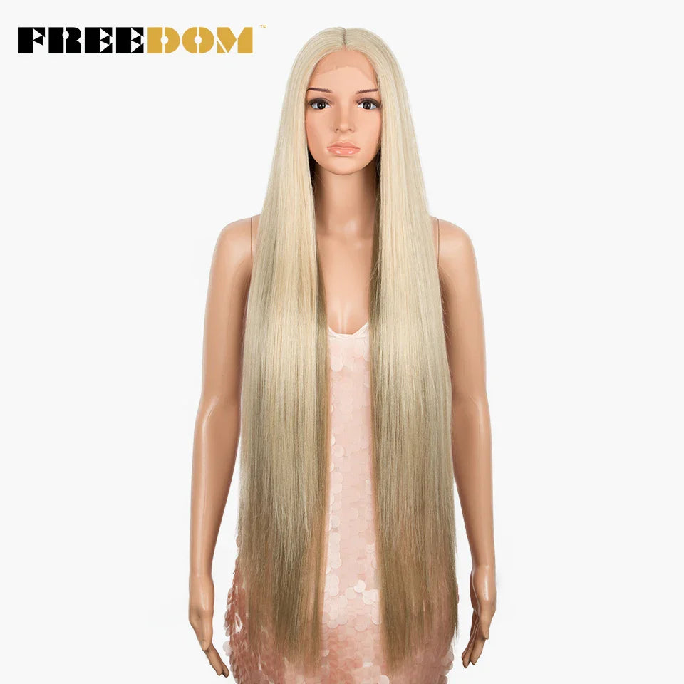 FREEDOM Synthetic Lace Front Wigs For Women Straight Hair Synthetic Lace Wigs 38 Inch Ombre Long Cosplay Wigs Blonde Pink Wig