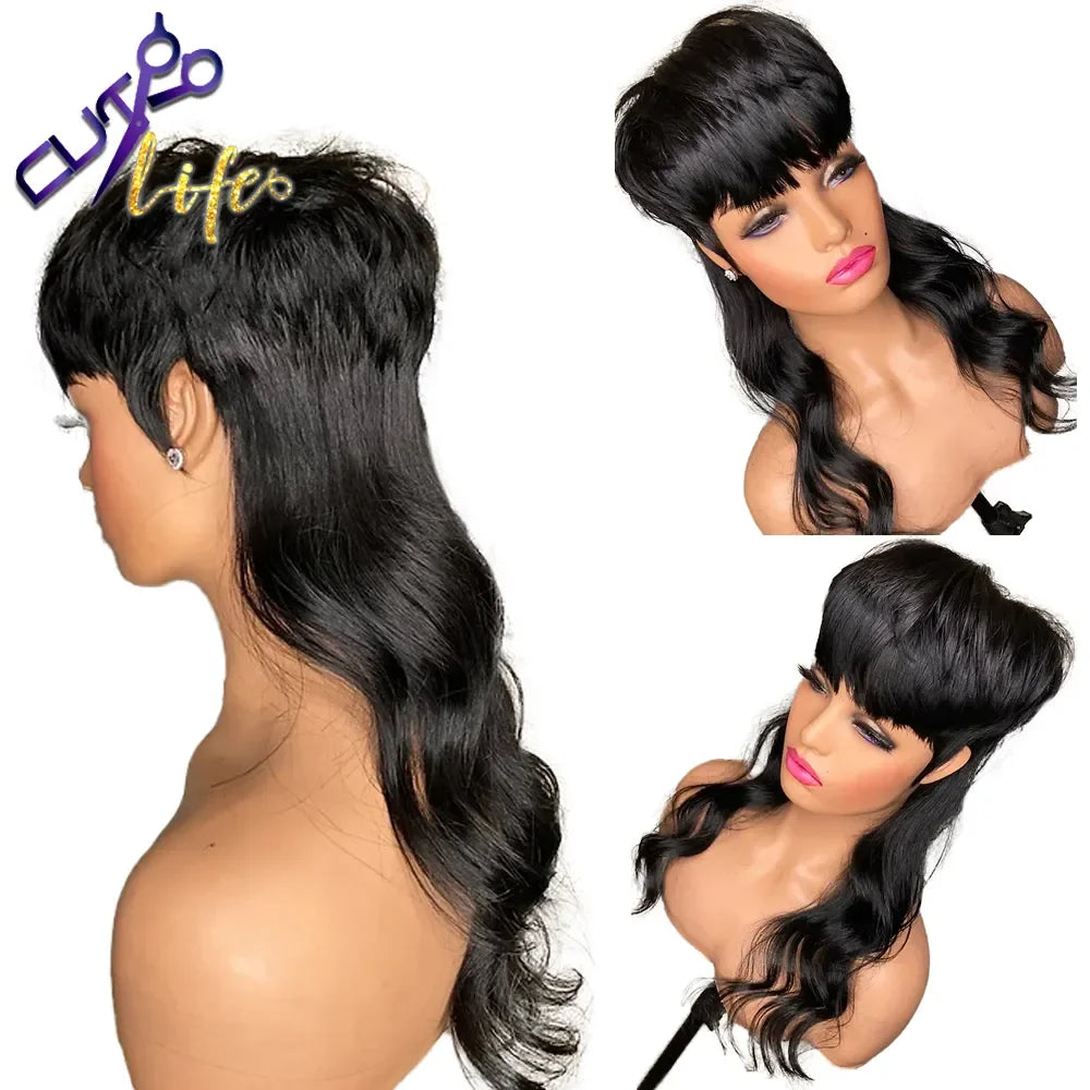 Full Machine Made Wig With Bangs Mullet 18 Inches Body Wave Glueless Brazilian Human Hair Wigs For Women Short Pixie Cut Wigs