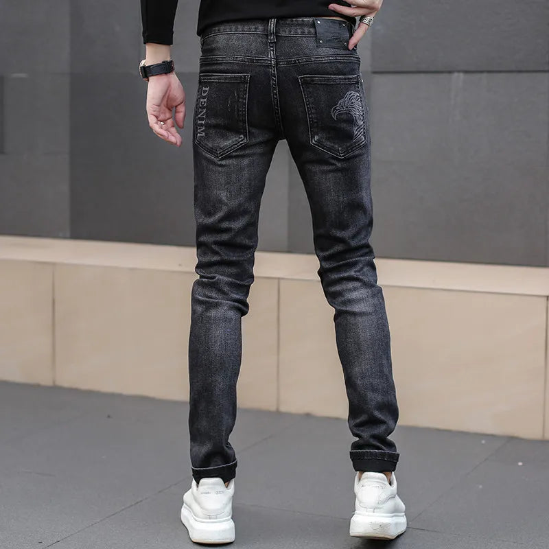 Man's Trousers Classic Distinctive Printed Black Stretch Denim Jeans for Men High Quality Slim Fit Stretch Hip Hop Denim Pants