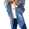 Women Winter Warm Fluffy Collar Hooded Denim Jacket Thick Plush Lined Warm Long Sleeve Jean Coat Button Down Oversized Loose Out