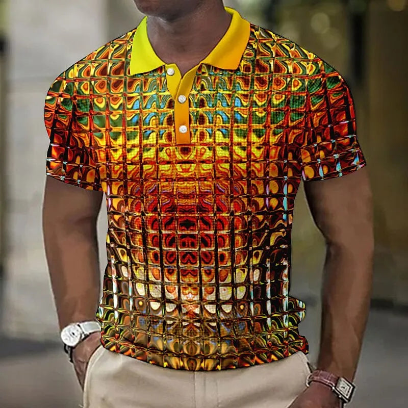 Fashion Men'S Polo Shirts 3d Simulation Metal Plaid Printed Men'S Clothing Summer Casual Short Sleeved Street Designer Tops Tees