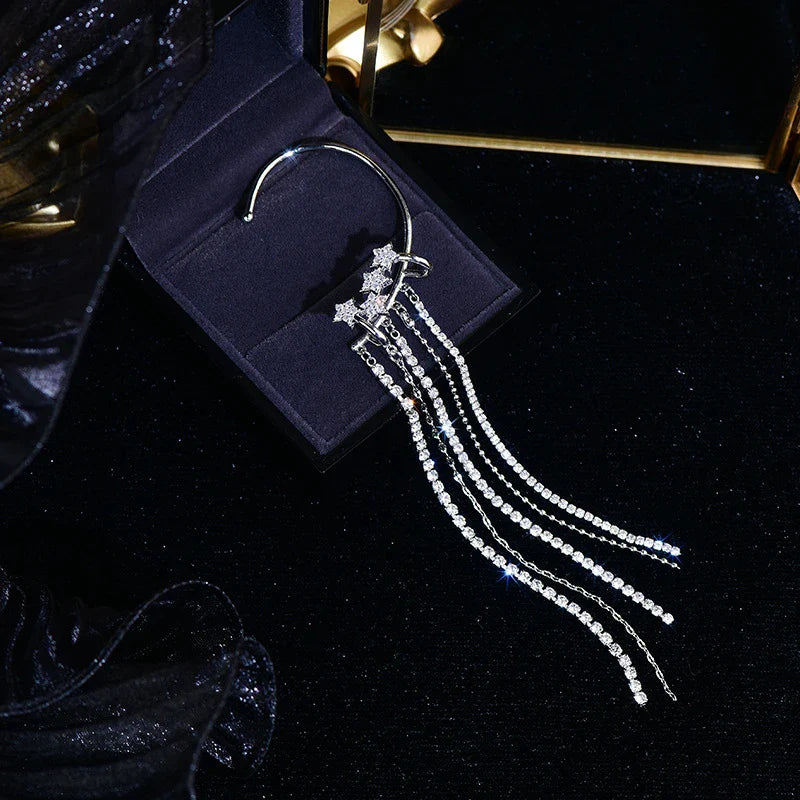 Fashion Sparkling Long Tassel Crystal Stars Ear Clip Earrings Without Piercing For Women Exquisite Light Luxury Wedding Jewelry