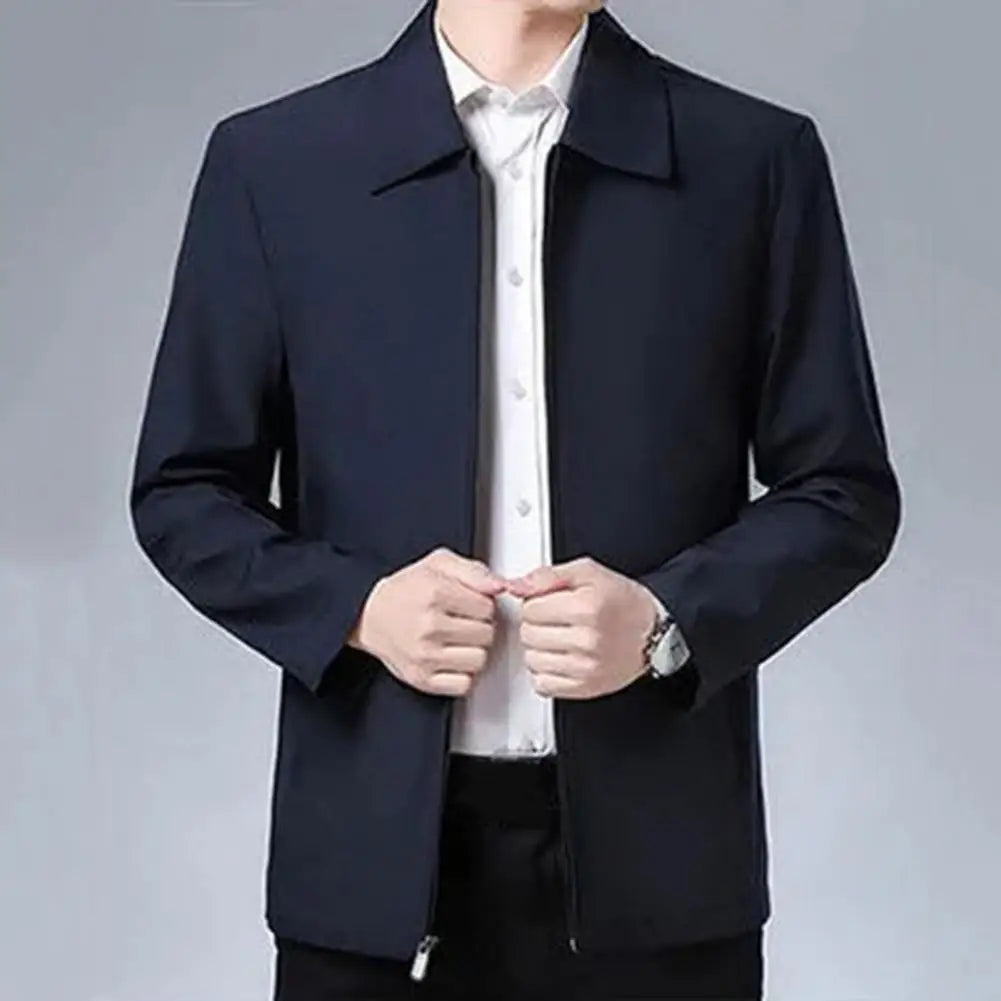 Two Side Zipper Pockets Men Jacket Elegant Mid-aged Men's Lapel Jacket Stylish Zipper Closure Straight Fit Soft for Formal