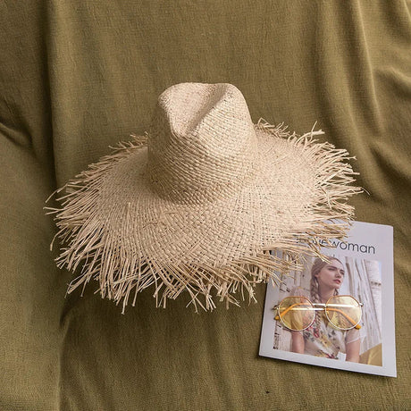 2024 Handmade Big Brim Hat Oversized Tassel Burrs Women Men Straw Sun Brim Hats Natural Raffia Panama Beach Summer Hat