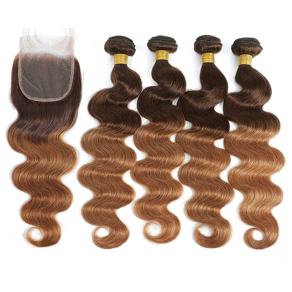 Ombre Body Wave Bundles With Closure Brazilian Human Hair Weave Bundles With Closure T4/30 Colored Bundles With Lace Closure