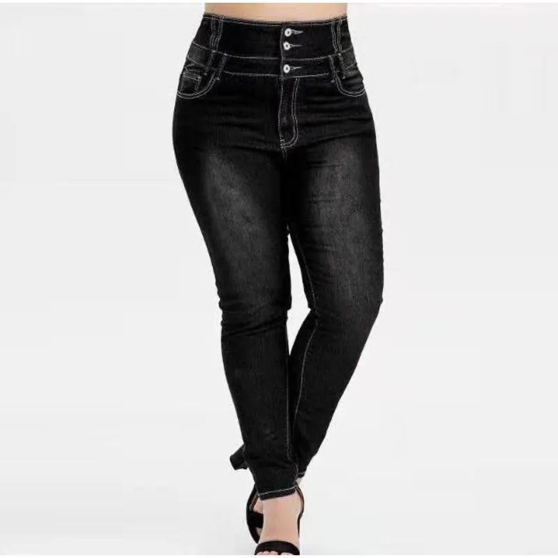 Plus Size Button Up Skinny Black Gray Long Jeans 4XL 5XL Women Spring High Waist Stretch Skinny Thin Denim Pants Lady Trousers