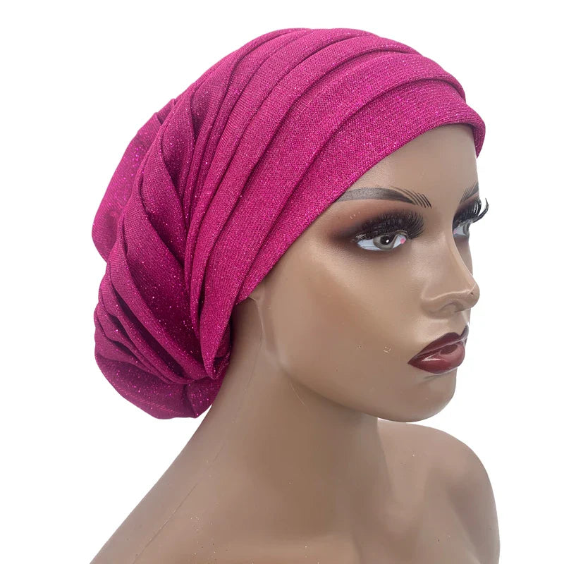 Glitter Pleated African Turban Cap Women's Head Wraps Nigeria Party Headpiece Female Wedding Auto Gele Headdress Beanie