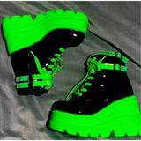 Punk Green Patent Leather Boots For Women Platform Faux Leather Ankle Boots Thick Bottom Fashion