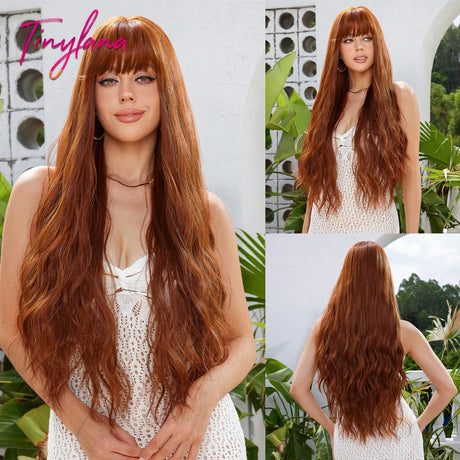 Long Curly Orange Brown Ombre Synthetic Wavy Wigs with Bangs Ginger Cosplay Party Wig for Women Afro Natural Hair Heat Resistant