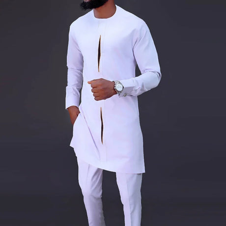 Kaftan Men's Kaunda Suit Round Neck Long-sleeved Top Pant African Male Traditional Outfit Wear 2PCS Clothing Wedding Sets Casual