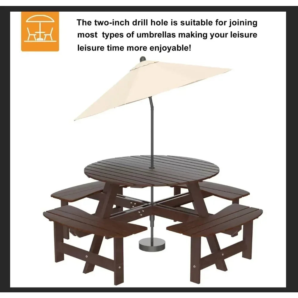 1720lb Capacity Table Pliante Backyard Outdoor Round Table With Umbrella Hold Design for Patio Garden Camping Chair Picnic Brown